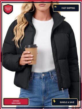 Women's Cropped Quilted Puffer Jacket Zip Up Warm Winter Coat